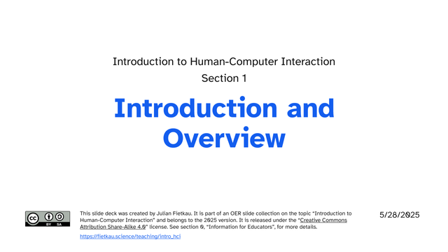 Title slide for Introduction to Human-Computer Interaction, section 1, Introduction and Overview