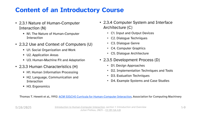 A course content overview listing nature of HCI, use and context of computers, human characteristics, computer system and interface architecture, and development process