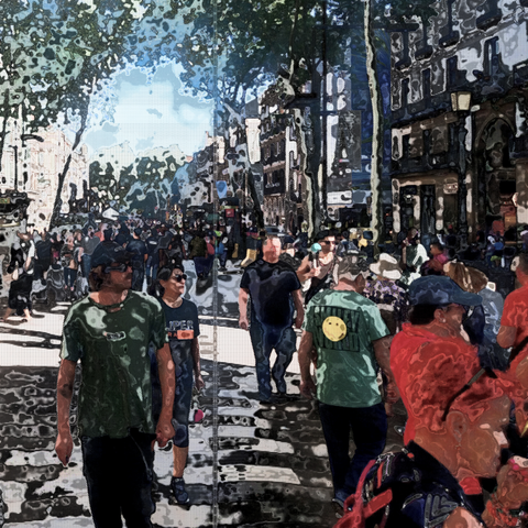 Barcelona digital edited street photography, made with the GNU Image Manipulation Program + Corvo's Painting 5 + Grid BW Color (G'MIC-Qt).