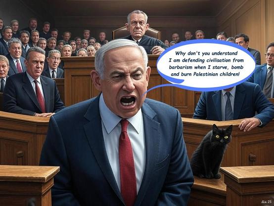 "Why don't they understand I am defending civilisation from barbarism when I starve, bomb and burn Palestinian children!" (AI assisted cartoon by me)