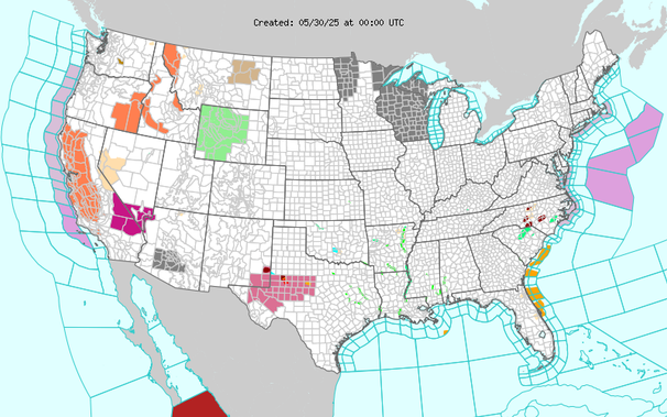 Short Range Forecast Discussion
NWS Weather Prediction Center College Park MD
138 PM EDT Thu May 29 2025

Valid 00Z Fri May 30 2025 - 00Z Sun Jun 01 2025

...Dangerous heat expected in the Southwest Friday and Saturday...

...Excessive rainfall is constrained to the southern and eastern portions
of the country through Saturday...

The general flow pattern features a deepening upper level trough in the
East where temperatures will remain mild/become increasingly below average
for most areas, while ridging builds across the West and into the northern
Plains, bringing increasing heat/above average temperatures with time. 
Record high temperatures will be threatened in and near northern
California on Friday and from California northward through portions of
Nevada, Oregon, Idaho, and western Montana on Saturday. The anticipated
heat in the Southwest on Friday and Saturday has led to the issuance of
Extreme Heat Warnings for the dangerous heat for portions of southernmost
Nevada, southeast California, and northwestern most Arizona.  Drinking
plenty of water, wearing light colored clothing, and staying in air
conditioned areas is advised as temperatures soar as high as the mid 110s
Fahrenheit in lower desert locations like Death Valley, California.

Otherwise, waves of low pressure will move along a front, expected to push
southward through through Texas into northern Mexico and eastward from the
Southern Plains through the Mid-South, Southeast, and Mid-Atlantic States
as an increa