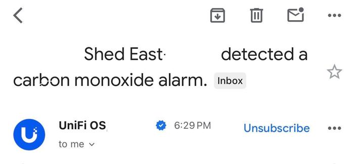 Screenshot of an email which reads shed is detected a carbon monoxide alarm.
