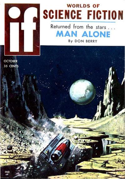 A scene on the surface of the moon, presumably as the earth is seen quite large in the sky: in a passage between jagged mountains, a tracked vehicle is falling through a jagged crevasse.
Worlds of IF magazine cover from 1958.