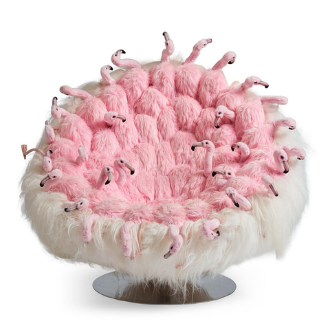 official auction photo of the plush flamingo chair, front profile on white background