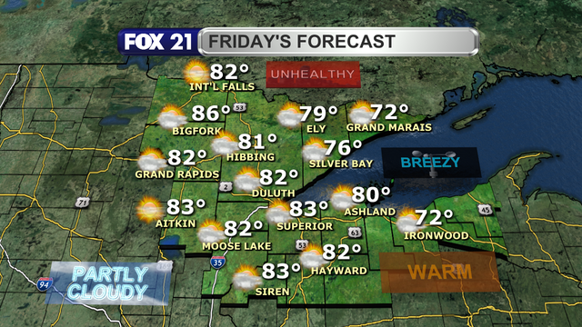 A breezy northwest wind will keep wildfire smoke coming through the Northland Friday, keeping air quality levels unhealthy.  Skies will remain hazy with a few pop-up showers possible as highs warm back to the upper 70s and 80s.