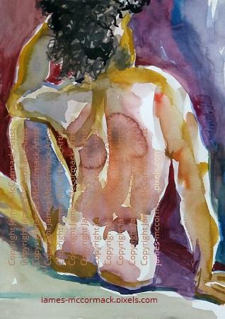 G.
Model Black Hair.
Watercolour.
Model with black hair painted in watercolour, rear view, a painting done live with further work in the darks after the session.