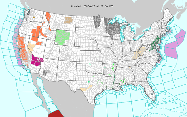 Short Range Forecast Discussion
NWS Weather Prediction Center College Park MD
138 PM EDT Thu May 29 2025

Valid 00Z Fri May 30 2025 - 00Z Sun Jun 01 2025

...Dangerous heat expected in the Southwest Friday and Saturday...

...Excessive rainfall is constrained to the southern and eastern portions
of the country through Saturday...

The general flow pattern features a deepening upper level trough in the
East where temperatures will remain mild/become increasingly below average
for most areas, while ridging builds across the West and into the northern
Plains, bringing increasing heat/above average temperatures with time. 
Record high temperatures will be threatened in and near northern
California on Friday and from California northward through portions of
Nevada, Oregon, Idaho, and western Montana on Saturday. The anticipated
heat in the Southwest on Friday and Saturday has led to the issuance of
Extreme Heat Warnings for the dangerous heat for portions of southernmost
Nevada, southeast California, and northwestern most Arizona.  Drinking
plenty of water, wearing light colored clothing, and staying in air
conditioned areas is advised as temperatures soar as high as the mid 110s
Fahrenheit in lower desert locations like Death Valley, California.

Otherwise, waves of low pressure will move along a front, expected to push
southward through through Texas into northern Mexico and eastward from the
Southern Plains through the Mid-South, Southeast, and Mid-Atlantic States
as an increa