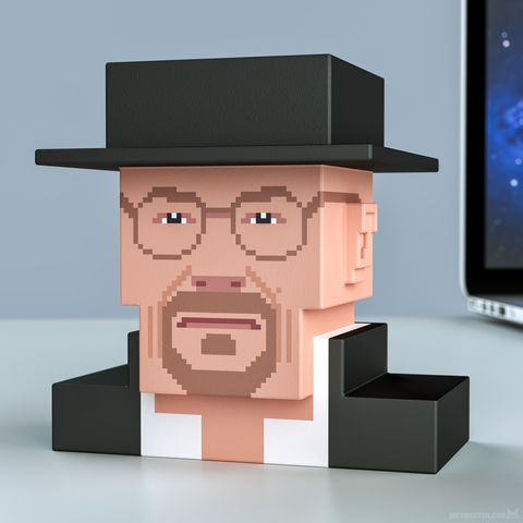 Voxel-style 3D-printed portrait of Walter White a.k.a. Heisenberg from the Breaking Bad series.