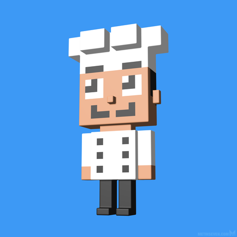 Minimalistic voxel-style character design of a cute chef cook.