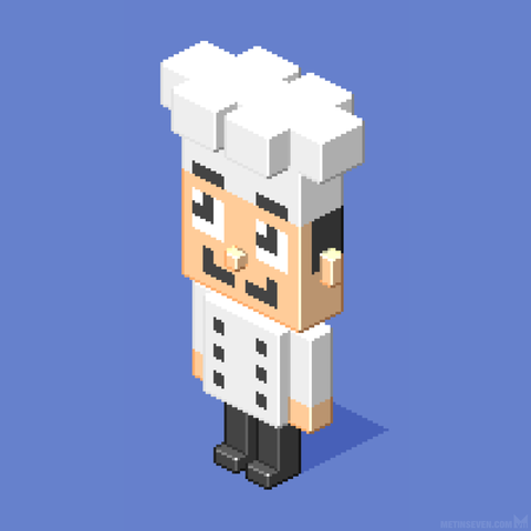 Minimalistic isometric pixel art style character design of a cute chef cook.