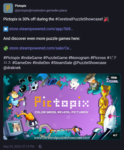 Screenshot of this toot: https://mastodon.gamedev.place/@pictopix/114592246595795686