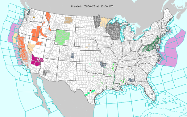 Short Range Forecast Discussion
NWS Weather Prediction Center College Park MD
400 AM EDT Fri May 30 2025

Valid 12Z Fri May 30 2025 - 12Z Sun Jun 01 2025

...A low pressure system will bring a round of moderate to heavy rain and
gusty winds from the Ohio Valley to the Mid-Atlantic states today then
across New England on Saturday...

...Severe thunderstorms possible later today for the Mid-Atlantic and the
Southeast...

...Heat risk expected to reach major level for interior California and
portions of the Southwest Friday and Saturday...

A low pressure system currently developing over the Midwest is forecast to
track across the northern Mid-Atlantic by tonight and intensify to a
rather strong system for late May as it reaches New England on Saturday. 
A round of moderate to heavy rain along with increasingly gusty wind can
be expacted along the track of this low pressure system.  The highest
chance of heavy rain will be across the Ohio Valley today and then into
the northern Mid-Atlantic by tonight.  Some thunderstorms embedded within
the rain can be strong to severe, possibly resulting in local areas of
flash flooding.  The low is forecast to deepen further as the center
tracks northeastward through New England on Saturday with a swath of
moderate to heavy rain across the interior sections, along with gusty wind
expanding across the Northeast.  From the Mid-Atlantic southward into the
Southeast, lines of thunderstorms could contain severe weather as a cold
front associated