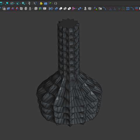 Render of a 3D-model of a 'geometrically' shaped vase. The surface has a texture alluding to a cassette vault. Gray vase on gray background.
Freecad toolbar at the top.
