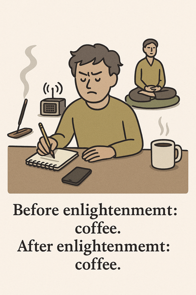 A person frantically journaling, meditating, burning incense, listening to Zen podcasts—and still stressed.

Text:
“Before enlightenment: coffee.
After enlightenment: coffee.”