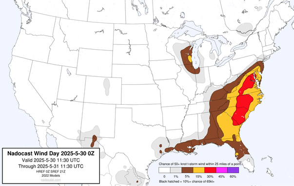 0z Day #Wind Forecast - map of the United States depicting areas of wind risk using various colors
