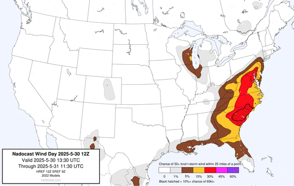 12z Day #Wind Forecast - map of the United States depicting areas of wind risk using various colors
