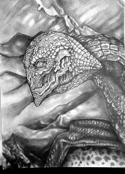 Black and white pencil drawing of a saurian alien monster by Konaa mac Nessa