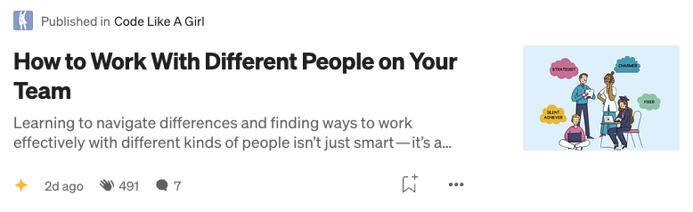 Screenshot of story in Code Like A Girl with title "How to Work With Different People on Your Team" and image preview of a cartoon depiction of four different people working on laptops, a tablet, and a phone