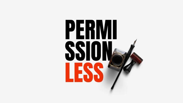 Book cover for "Permissionless". The title is in all caps, black and red, next to a pen and ink and an ink stamp.
