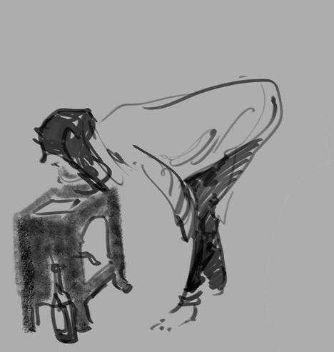 A quick gesture sketch of a moving figure. A woman, bent over to light a wood stove. Simple, fast strokes.
