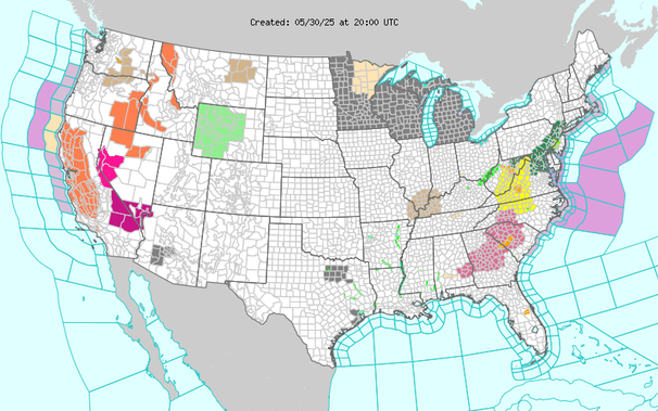 Short Range Forecast Discussion
NWS Weather Prediction Center College Park MD
335 PM EDT Fri May 30 2025

Valid 00Z Sat May 31 2025 - 00Z Mon Jun 02 2025

...A strengthening low pressure system will bring moderate to heavy rain
and gusty winds from the Ohio Valley to the Mid-Atlantic states this
evening into tonight, then to New England and the interior Northeast on
Saturday...

...Severe thunderstorms likely this evening for parts of the Mid-Atlantic
and the Southeast...

...Significant heat expected across interior California and portions of
the Southwest through Saturday...

A strengthening low pressure system will track across the northern
Mid-Atlantic through the evening and overnight hours, reaching New England
and the interior Northeast by Saturday. A complex of thunderstorms with
moderate to heavy rain along with increasingly gusty winds can be expected
along the track of this storm system.  The highest chance of heavy rain
will be across the Ohio Valley this afternoon an evening and then into the
northern Mid-Atlantic by tonight.  Some thunderstorms will also have the
potential to become strong to severe, possibly resulting in damaging
winds, hail, isolated tornadoes, and scattered instances of flash
flooding. The severe thunderstorm potential also extends southward into
portions of the southern Mid-Atlantic and the Southeast, particularly
across the Carolinas and parts of eastern Georgia.  The low is forecast to
deepen further as the center tracks northeastward thr