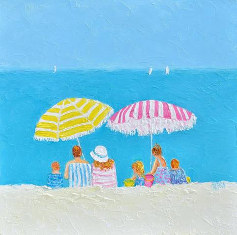 A beach painting with two boldly striped umbrellas—one pink and white, the other yellow and white—offer shade to families enjoying the soft white sand and the endless ocean view beyond. Small sailboats dot the horizon, adding to the serene atmosphere of the sunlit day. Painted in Jan Matson’s signature impressionist style, this textured seascape evokes the laid-back charm of seaside holidays.