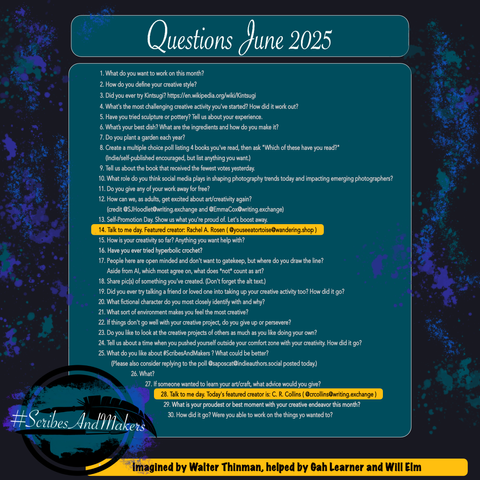 An infographic for the monthly questions of the hashtag game #scribesandmakers - the questions can be easily read on https://write.as/scribesandmakers/
The logo is a gift from our friend Lydia Vvinters @HeliaXyana@mastodon.nl