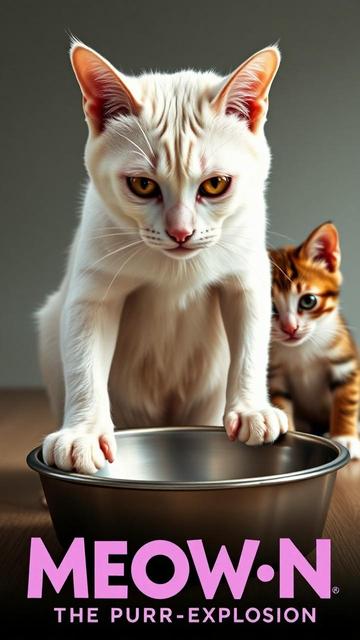 ①«Generated by MasicEraser/FULX»
Cinematic, photo (poster for the movie "Meow-n: The Purr-splosion")

In the center of the image, there is a cat tapping its paws on an empty food bowl. The cat has white short hair, is thin, and glares at you with sharp eyes. Right behind the white cat, there is a still-innocent brown-and-white kitten crouching.
#本日の成果物 #aiartcommunity