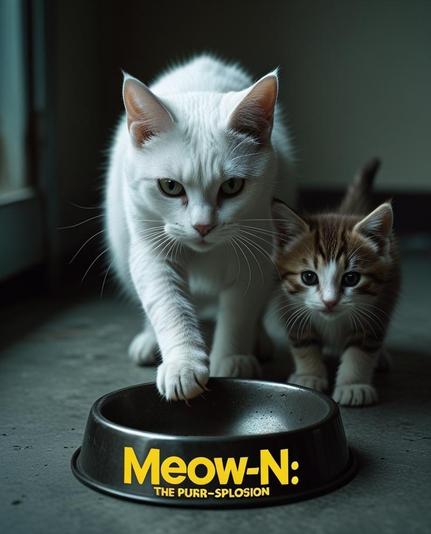 ②« Generated by LeonardoDiffusion »
Cinematic, photo (poster for the movie "Meow-n: The Purr-splosion")

In the center of the image, there is a cat tapping its paws on an empty food bowl. The cat has white short hair, is thin, and glares at you with sharp eyes. Right behind the white cat, there is a still-innocent brown-and-white kitten crouching. It is inscribed with a stylish title: "Meow-n: The Purr-splosion."