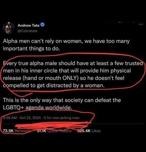 screenshot from an Andrew Tate post

Alpha men can't rely on women, we have too many important things to do.

Every true alpha male should have at least a few trusted men in hies inner circle that will provide him physical release (hand of mouth ONLY) so he doesn't feel compelled to get distracted by a woman.

This is the only way that society can defeat hte LGBTQ+ agenda worldwide.