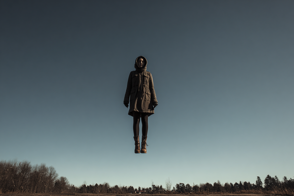A person in a hooded coat is levitating against a clear blue sky with trees on the horizon.