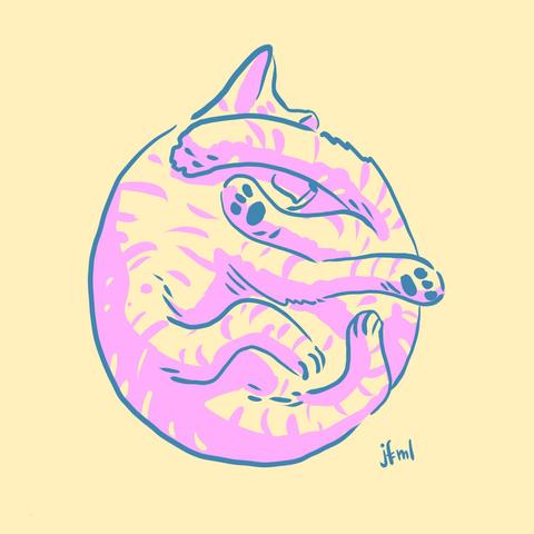 Digital illustration in pink and dark blue lineart of a cat that is curled into a ball (full moon?), having her tail covering the eyes and limbs going everywhere ^__^