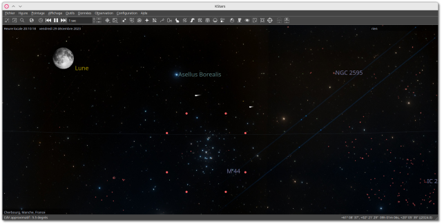 🕶️ A view of its IU (on a dark theme) in planetarium mode, with a view of the moon and its surroundings, from France in December.

📚️ KStars is a libre, multi-platform desktop planetarium and telescope preparation and piloting tool for both educators/students and amateur astronomers. It provides an accurate graphic simulation of the night sky at the desired location and time. It can display up to 100 million stars, 13,000 deep sky objects, all 8 planets, the Sun and Moon, and thousands of comets and asteroids. It supports event scheduling, content downloading and hardware slaving (Ekos).