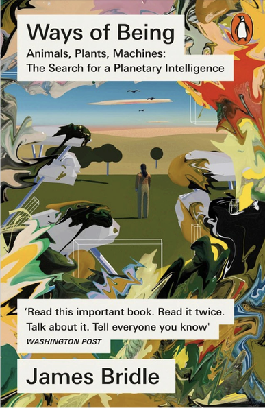 The image features the book cover of "Ways of Being" by James Bridle. It includes abstract artwork with vibrant colors, depicting a person standing in a landscape with trees and a horizon. The title and author’s name appear prominently, along with a quick review of the book by the Washington Post:
"Read this important book. Read it twice. Talk about it. Tell everyone you know."