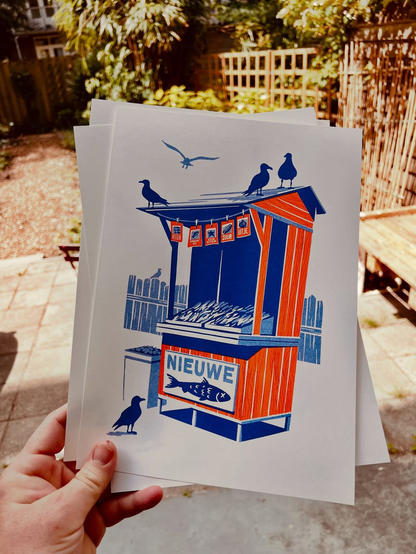 Risograph print of seagulls mobbing a dutch herring stand