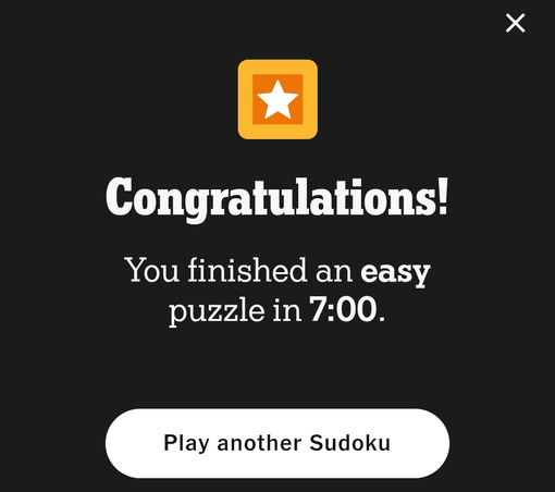 Mobile app screen displaying completion of an easy Sudoku puzzle in 7 minutes, with a button to play another Sudoku puzzle and a star graphic.