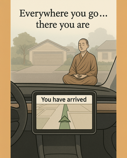 A GPS screen reading “You have arrived,” but the person is sitting cross-legged in the driveway.