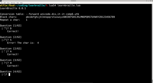 Terminal screenshot of a Lua script called learnbraille.lua running on FreeBSD. The script is titled "LearnBraille 0.0.1" and uses a Braille conversion table. It quizzes the user with Braille character patterns and expects input of the corresponding character. The session shows a sequence of questions with user responses and feedback indicating whether the answer was correct or not. The script is launched using the command lua54 learnbraille.lua.