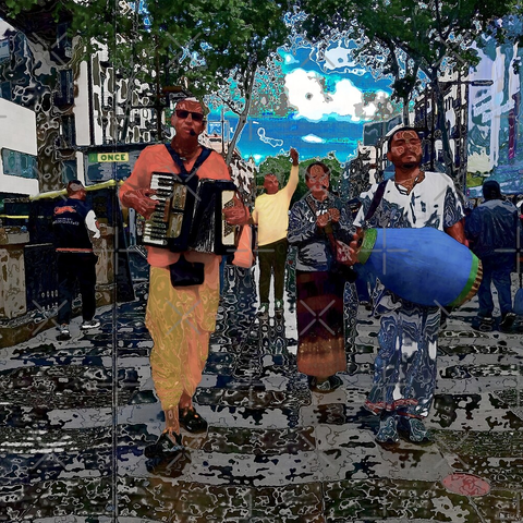 Barcelona digital edited street photography, made with the GNU Image Manipulation Program + Corvo's Painting 5 + Grid BW Color (G'MIC-Qt).