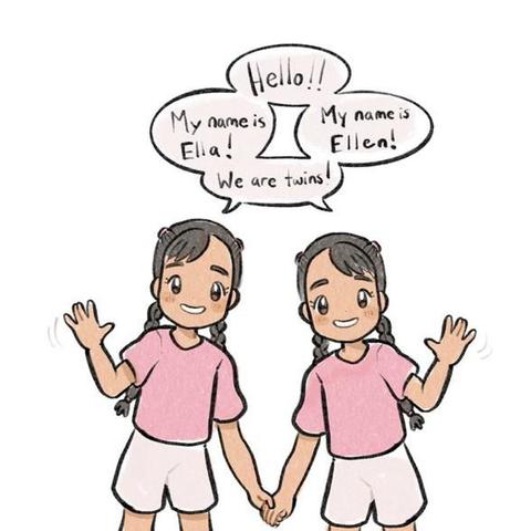 An illustration of two young girls, holding hands, smiling, and waving at the viewer. Speech bubbles above their heads say "Hello!!" "My name is Ella!" "My name is Ellen!" "We are twins!"
