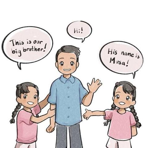 The girls are gesturing between them to an older boy who is also smiling and waving at the viewer, while saying, "Hi!" The girls are saying, "This is our big brother! His name is Musa!"