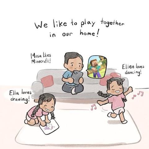An illustration of the three children in a living room doing various activities. Musa is sitting on a couch with a tablet, and a zoom in shows he is playing Minecraft. Ella is drawing on a piece of paper with crayon. Ellen is spinning around with musical notes around her. The text on the image says, "We like to play together in our home! Musa likes Minecraft! Ella loves drawing! Ellen loves dancing!"