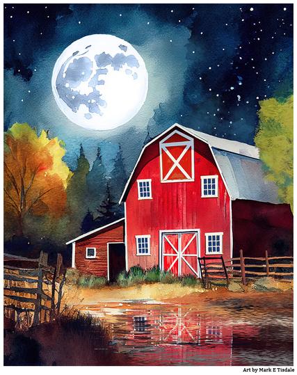 Digital art depicting a red gambrel-roof barn at night under a full moon, with stars in the sky and a puddle reflecting the barn in the foreground. Trees near the barn suggest early autumn colors.