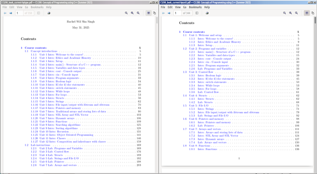 Screenshot of the two PDF table of contents side-by-side. One has "Concept introductions" with EVERY intro, the "Lab instructions" with EVERY lab. The other one has "Unit 1" with the intro and lab related, then "Unit 2" with the intro and lab related, etc.