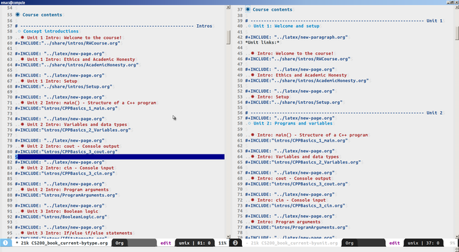 Orgmode docs, the by type and by unit files. Each use the include command to include intros and lab documentation from other files in the directory.