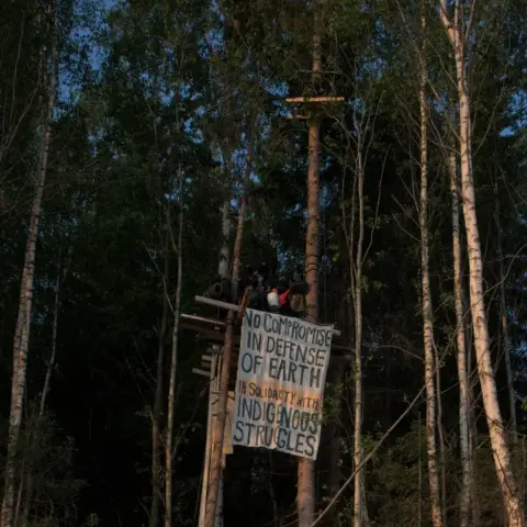 Ein entstehdnes Baumhaus in Norwegens Wald. Zu sehen sind zwei Menschen auf einer Plattform, die zwischen zwei Bäumen hängt. Der Tag ist sonnig.