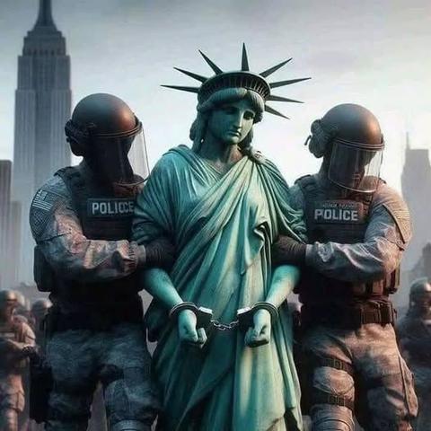 Ice agents leading away the Statue of Liberty in handcuffs