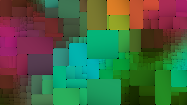 Code generated design made by subdividing rectangles. Gradients are applied to the blocks, which have rounded corners.
The color palette is created by interpolating between 4 colors.