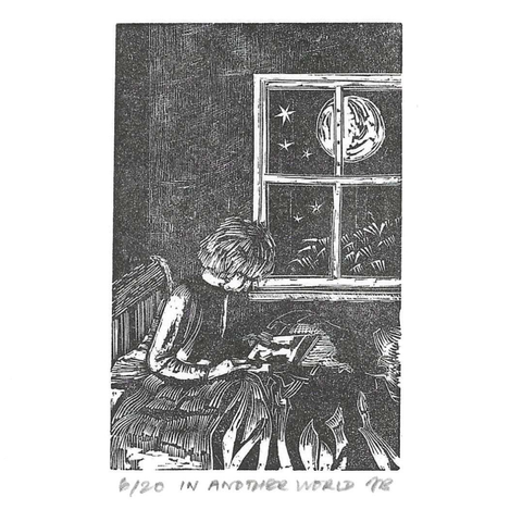 Portrait format monochrome wood engraving of a young boy reading at night in bed.  Through an uncurtained window beside the bed, stars and a full moon light up the sky.