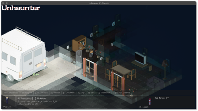 🕶️ A view (in 2.5D) of its UI on the 1st training level (on my PC): the protagonist (me) is approaching a glass room where we can discern a ghost (transparent with red eyes, to the left of the central room). At the bottom of the UI, right and left, instruments in the protagonist's right and left hands, taken from his inventory and activated. The rooms are guarded by men in uniform, who also act as guides, providing help when you stay in contact with them for a while.

📚️ Unhaunter: Dare to Face the Unseen is a libre, multi-platform ghost-hunting game that seamlessly blends exploration, puzzle-solving and strategic investigation. The player is a paranormal investigator armed with state-of-the-art equipment, tasked with identifying and expelling restless spirits from haunted locations. To do this, he equips himself with instruments to identify the entities and explores the premises in search of them. The clues gathered (reaction to the instruments, visual & sound manifestations) will be used to identify the entity and concoct a repellent. Beware, however, of its deadly frightening reactions.